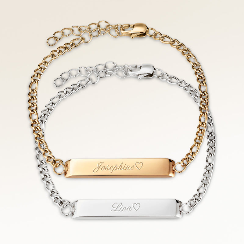 Vänskaps-armband, par av två bar armband i guld och silver med personlig gravyr, från Mon Chou