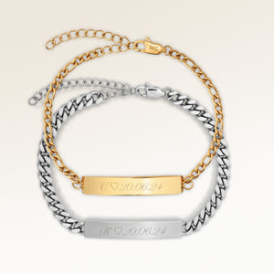 Pararmband, par av två bar armband i guld och silver med personlig gravyr, från Mon Chou