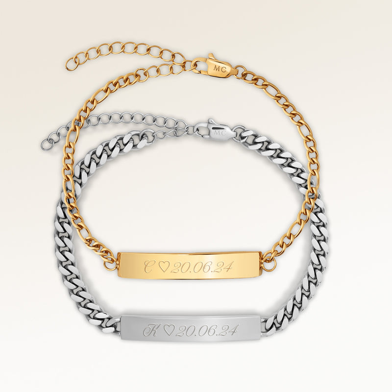 Pararmband, par av två bar armband i guld och silver med personlig gravyr, från Mon Chou